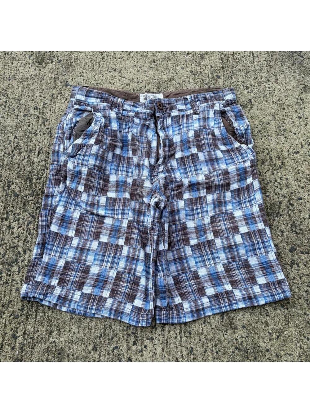 Y2K Alpine Plaid Cargo Shorts Baggy Skater Surf Patchwork Style Jorts Blue Sz 32
